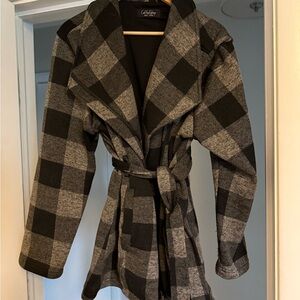 Coffeeshop Gray and Black Plaid Belted Coat